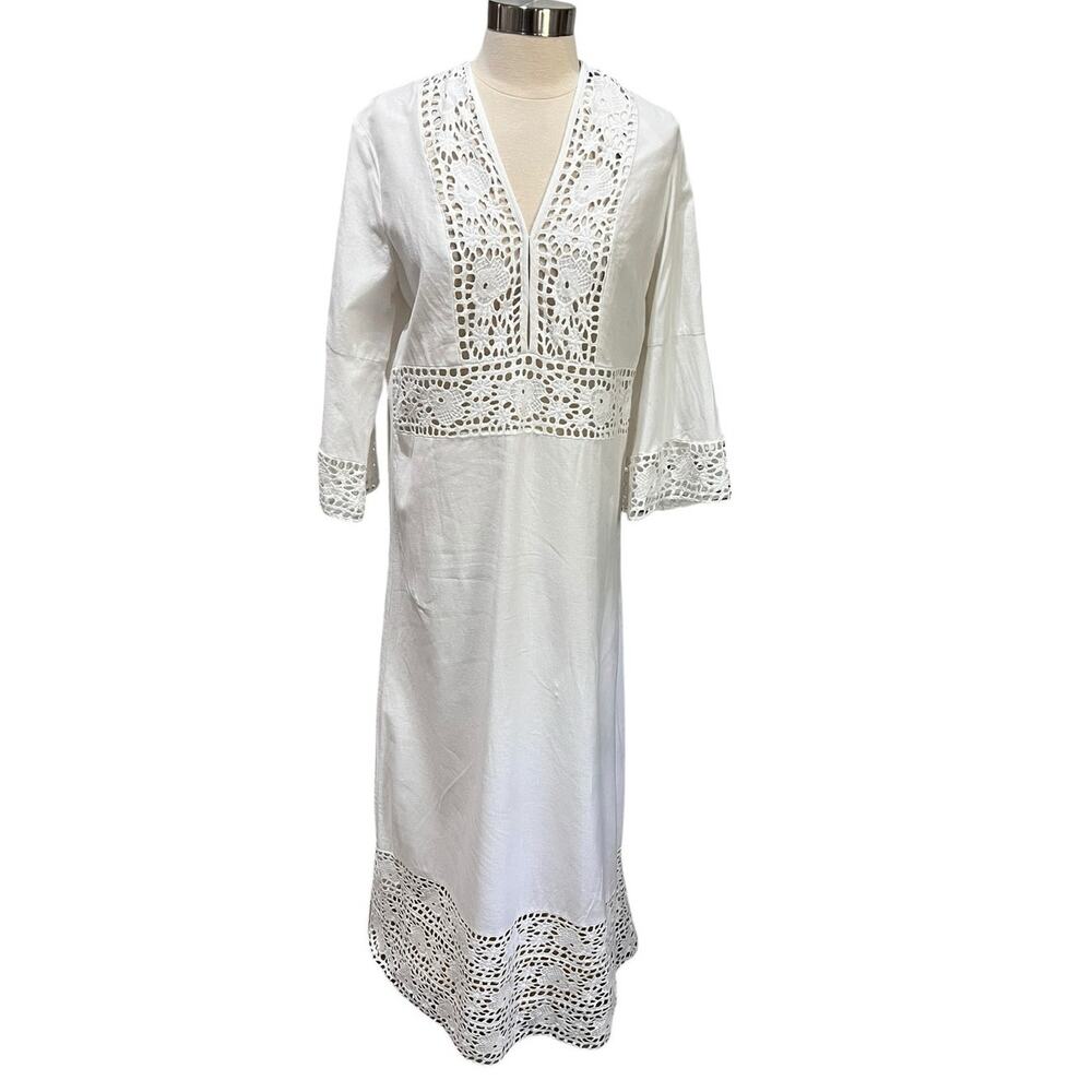 Antik Batik Cotton Gita Maxi Dress Crochet Lace Insert White Cotton Size Small
